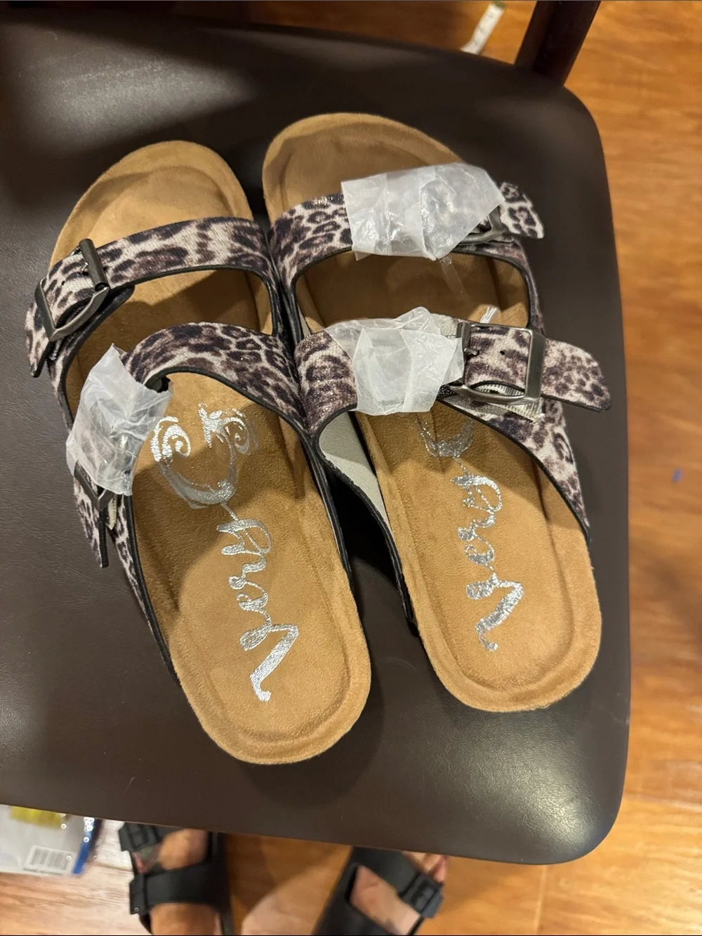 Very G Leopard-Print Double Strap Slide Sandals in Brown and Black